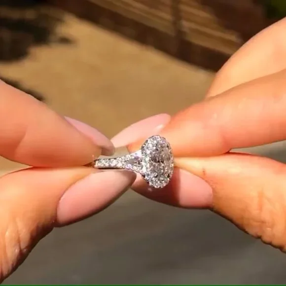 Custom Made Halo 10K Gold Ring, Oval With Round Cut Moissanite Diamond Ring - Picture 2 of 4